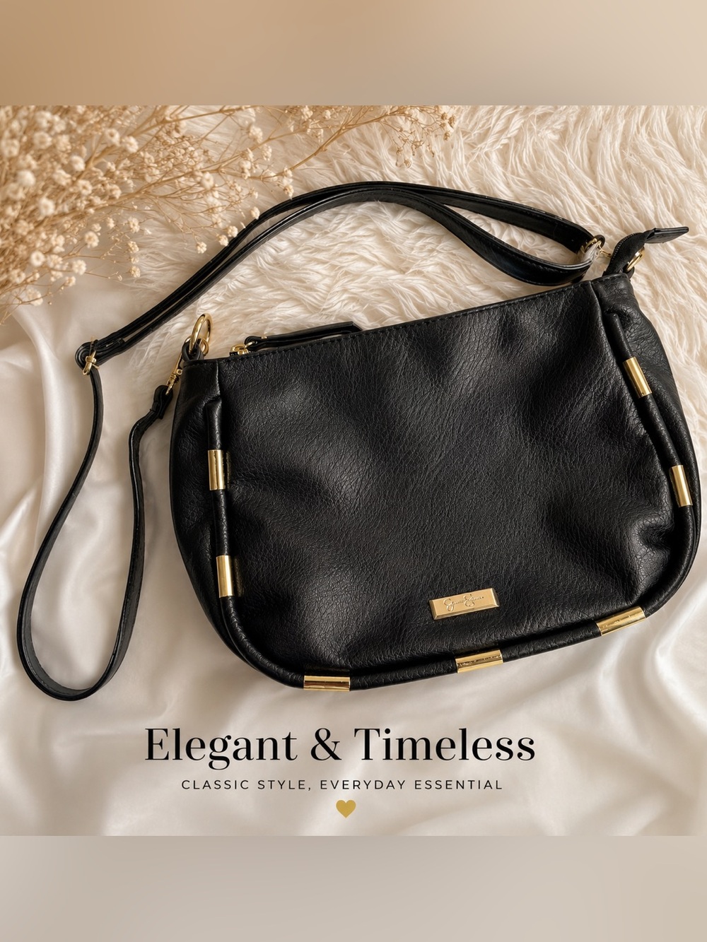 Jessica Simpson Black Crossbody Shoulder Bag Gold Hardware Adjustable Strap